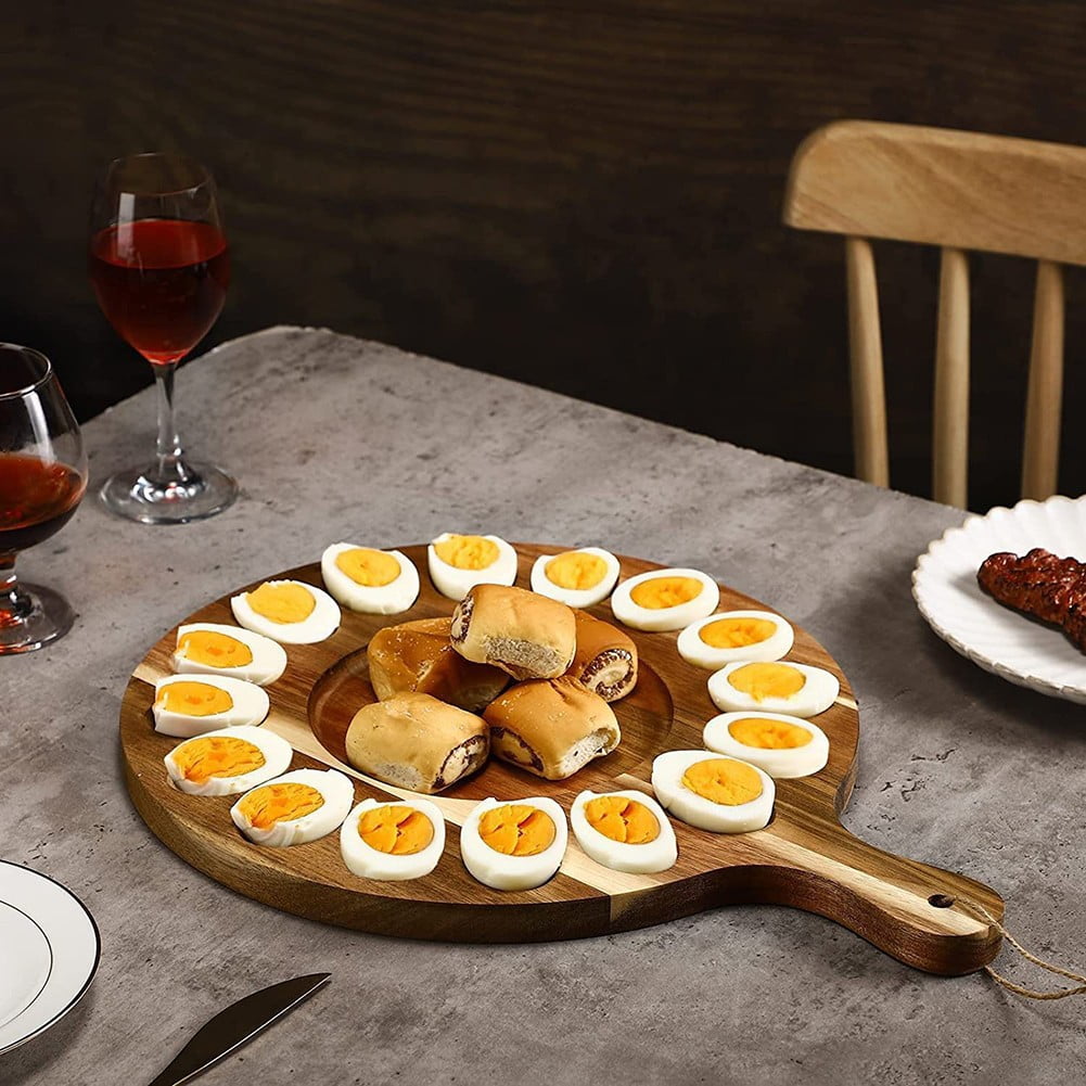 Deviled For Egg Platter, Wooden Deviled For Egg Tray 24 Holes Round For Egg Holder