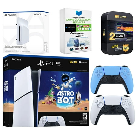 Sony PlayStation 5 Astro Bot Slim Digital Bundle with Disc Drive, Extra Controller, MightySkins Game Collection Services and 2 Year Extended Warranty - Starlight Blue