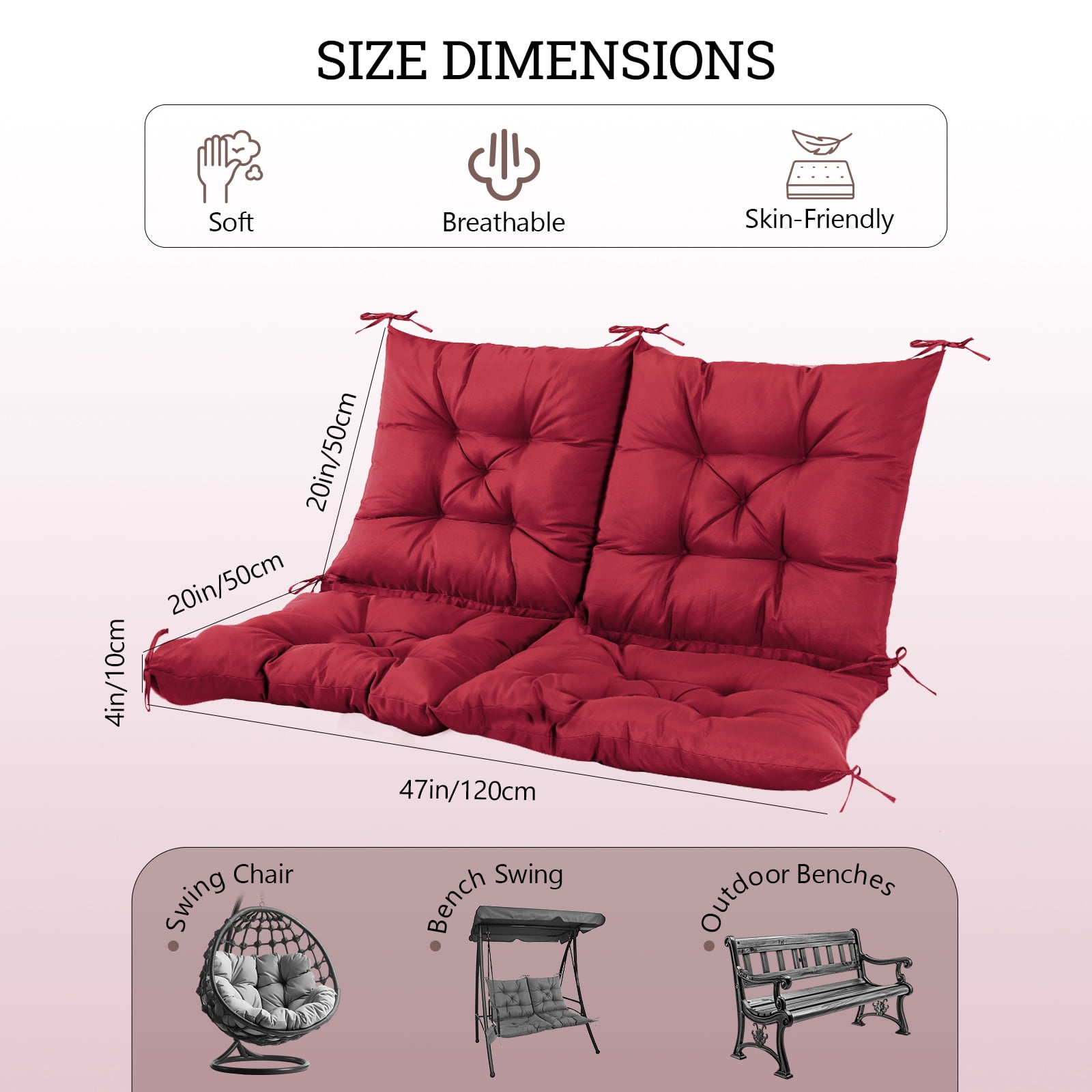 Outdoor Bench Cushion Inlife Swing Chair Cushion Waterproof Sun-Resistant with 8 Nonslip Ties, Wine Red 120cm*100cm