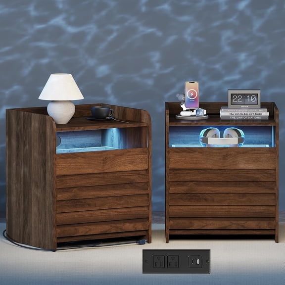 Vikiullf LED Nightstands with Charging Station, Set of 2 Modern Night Stand with 2 Drawers and USB Ports, Wooden Bedside Table, Brwon Nightstand