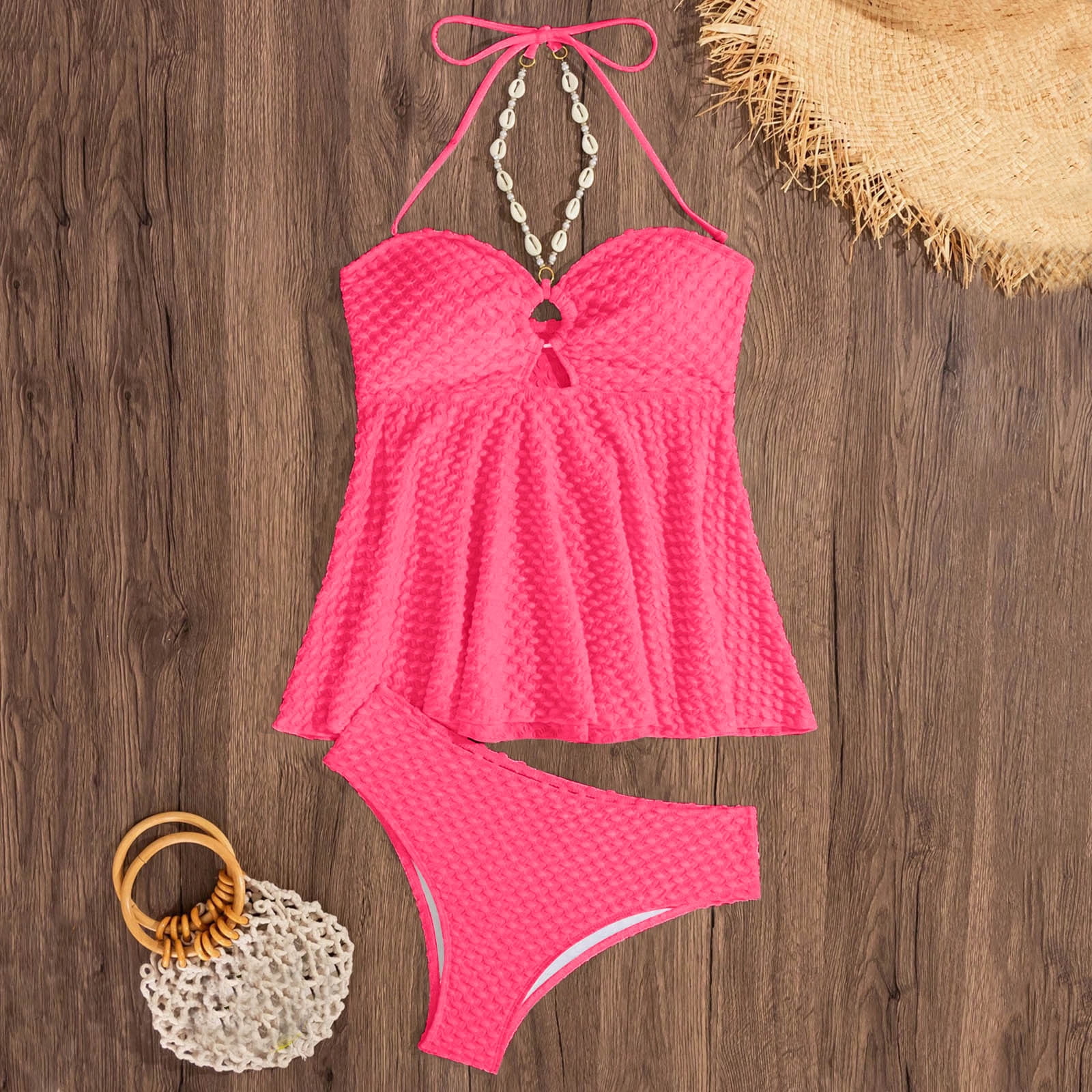 Tankini Swimsuits for Women Separates Two Piece Push-Up Bathing Suits Womens Trendy Solid Color Halterneck Tops Swimwear Swimsuit