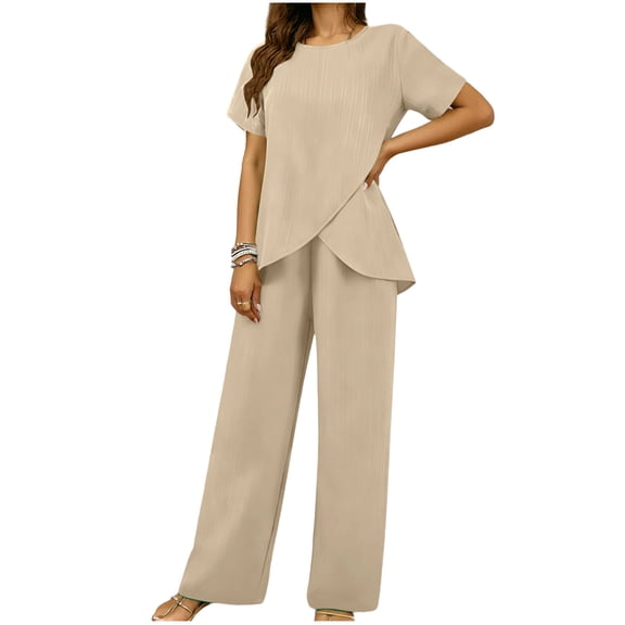 SBYOJLPB Fashion Women Sets Casual Short Sleeve Round-Neck Solid Color Top and Elastic Waist Long Pants Sets