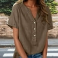 thumbnail image 3 of qucoqpe Summer Linen Tops for Women V-Neck Short Sleeve Buttons Casual Shirt Fashion Solid T-Shirt Blouse, 3 of 9