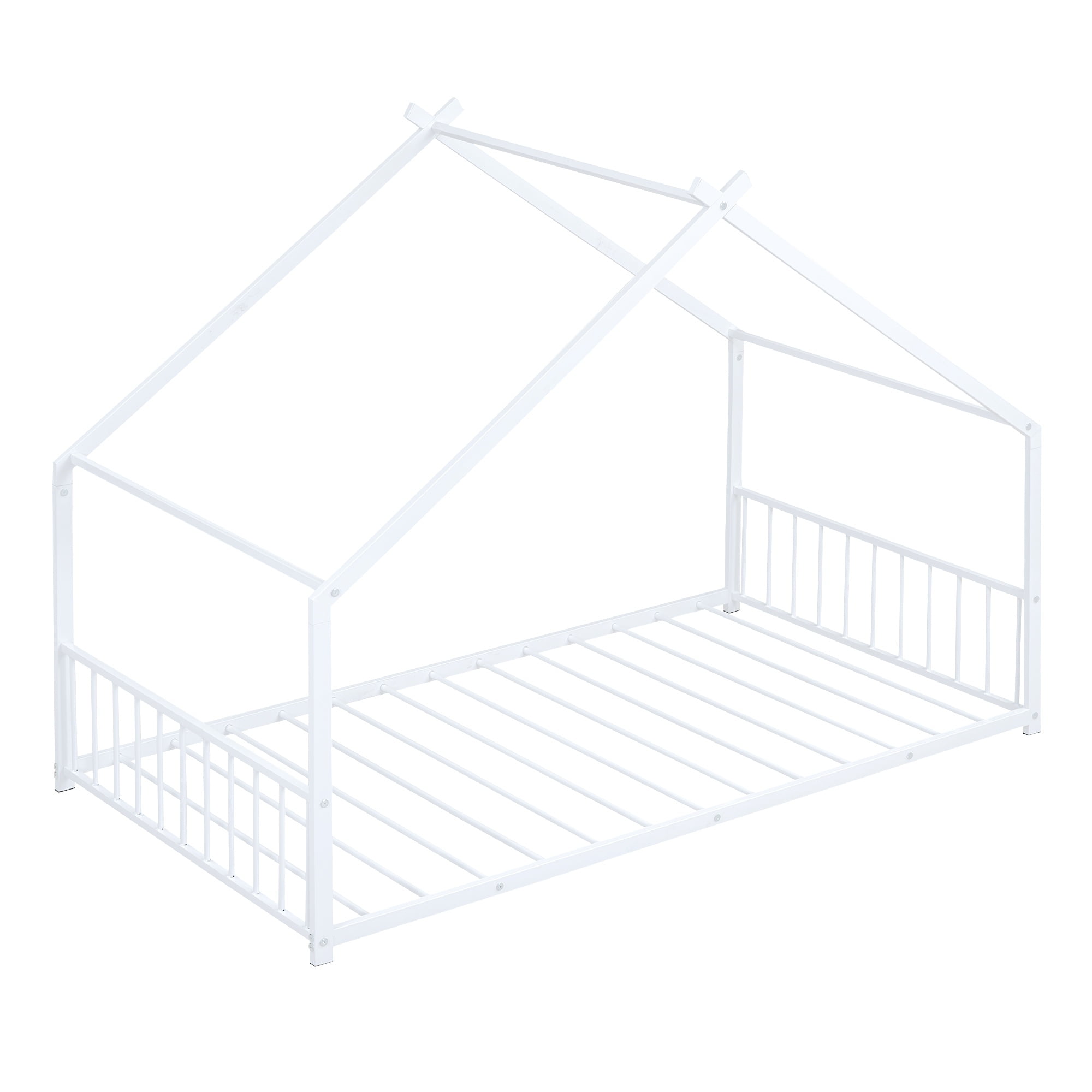 PORKISS Twin Size Floor Bed Frame, Metal House Bed Featuring Roof, Modern Platform Bed with Metal Frame, No Box Spring Needed, Freestanding Montessori Bed for Kids, White