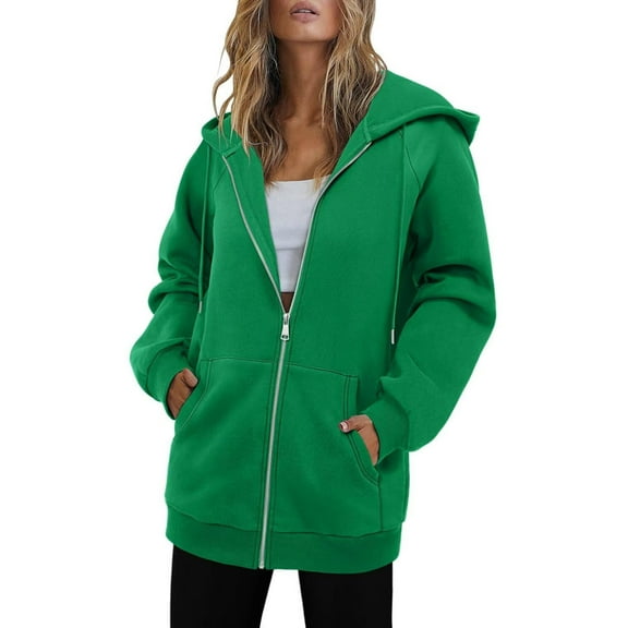 Enjoytime Zip Up Hoodie Women Solid Color Long Sleeve Basic Pullover Sweatshirts Casual Loose Warm Fall Winter Clothes with Pockets