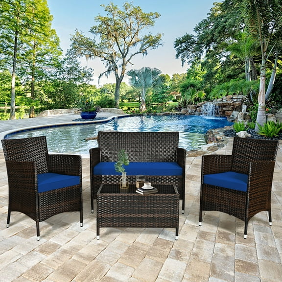 Gymax 4PCS Patio Rattan Conversation Furniture Set Outdoor w/ Navy Cushion