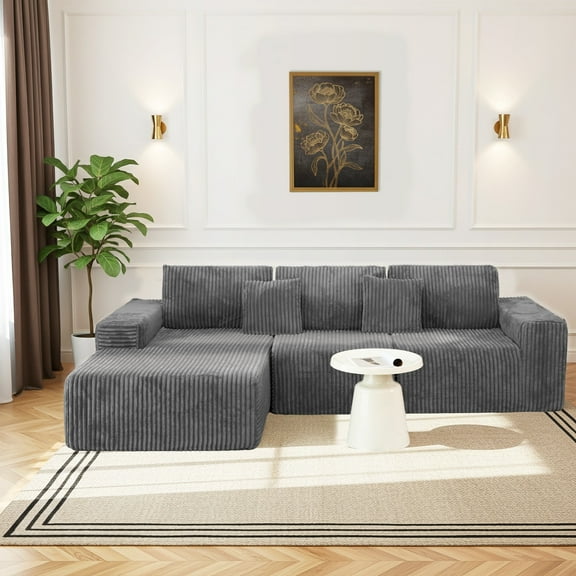 112.99" Boneless Cloud Couch, Gray Modern Sectional Couches for Living Room, Deep Seat Upholstered Sofa with Right Facing Chaise, No Assembly Required