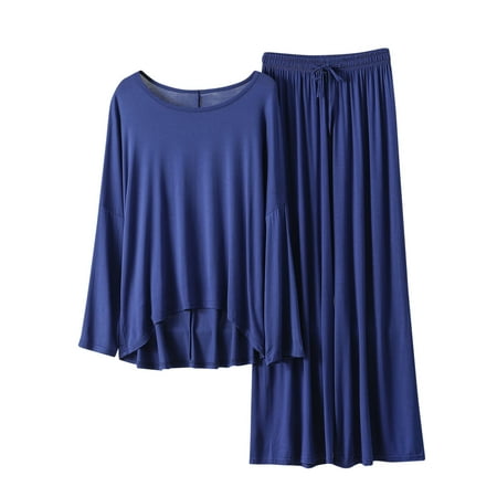 Besolor Women s Casual 2 Piece Outfits Crew Neck Long Sleeve Tops and Wide Leg Pants Sets Loungewear Pajamas