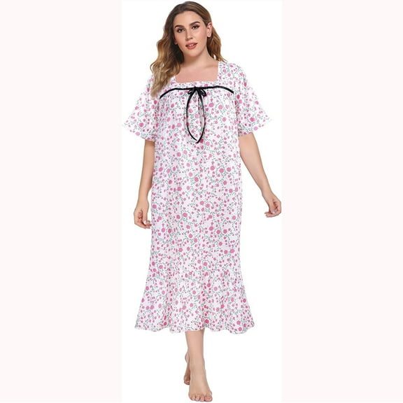 WBQ Women's Plus Size Nightgown Short Sleeve Casual House Dress Vintage Square Neck Floral Printed Long Sleepshirt Oversized Housecoat, XL-5XL