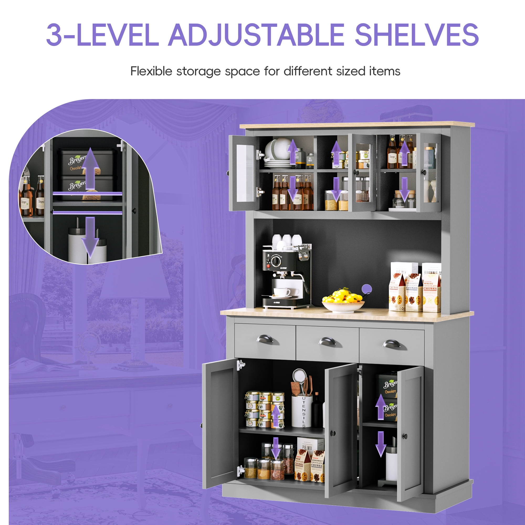 Joywind Freestanding Pantry Cabinet with Countertop, Storage Drawers, and Adjustable Shelves, Gray, 71.2 in