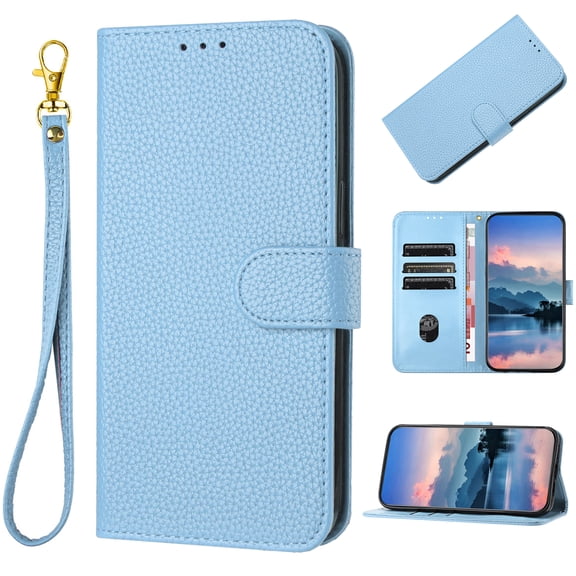 Wallet Case For iPhone 16e/17e, Premium PU Leather Flip RFID Blocking Cover with Card Slots/Cash Pocket Magnetic Closure Kickstand Detachable Wrist Strap Full Body Protection Case,Blue