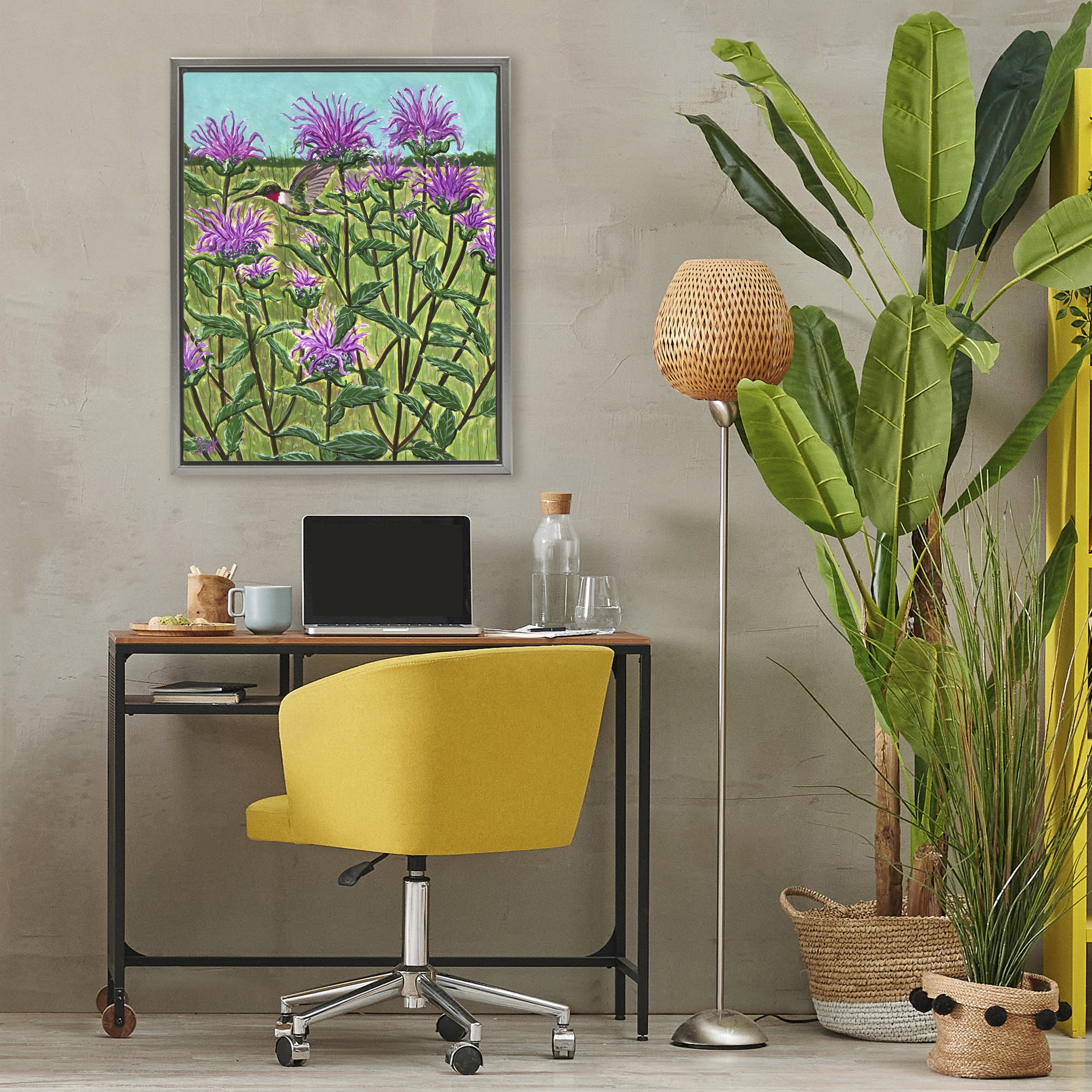 Stupell Industries Ruby Throated Hummingbird & Beebalm Gray Framed Floater Canvas Wall Art, design by Sarah Waldron Kimball