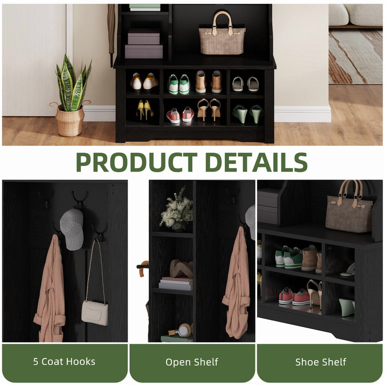 Uforic 39" Hall Tree with Shoe Storage, Coat Rack with Bench for Entryway Corner Narrow Adjustable Shelf, Black