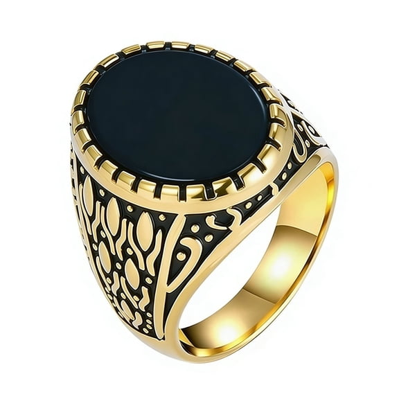 PAURO Men Stainless Steel Retro Gemstone Ring Oval Black Stone Ring Cocktail Party Ring Gold Size 11