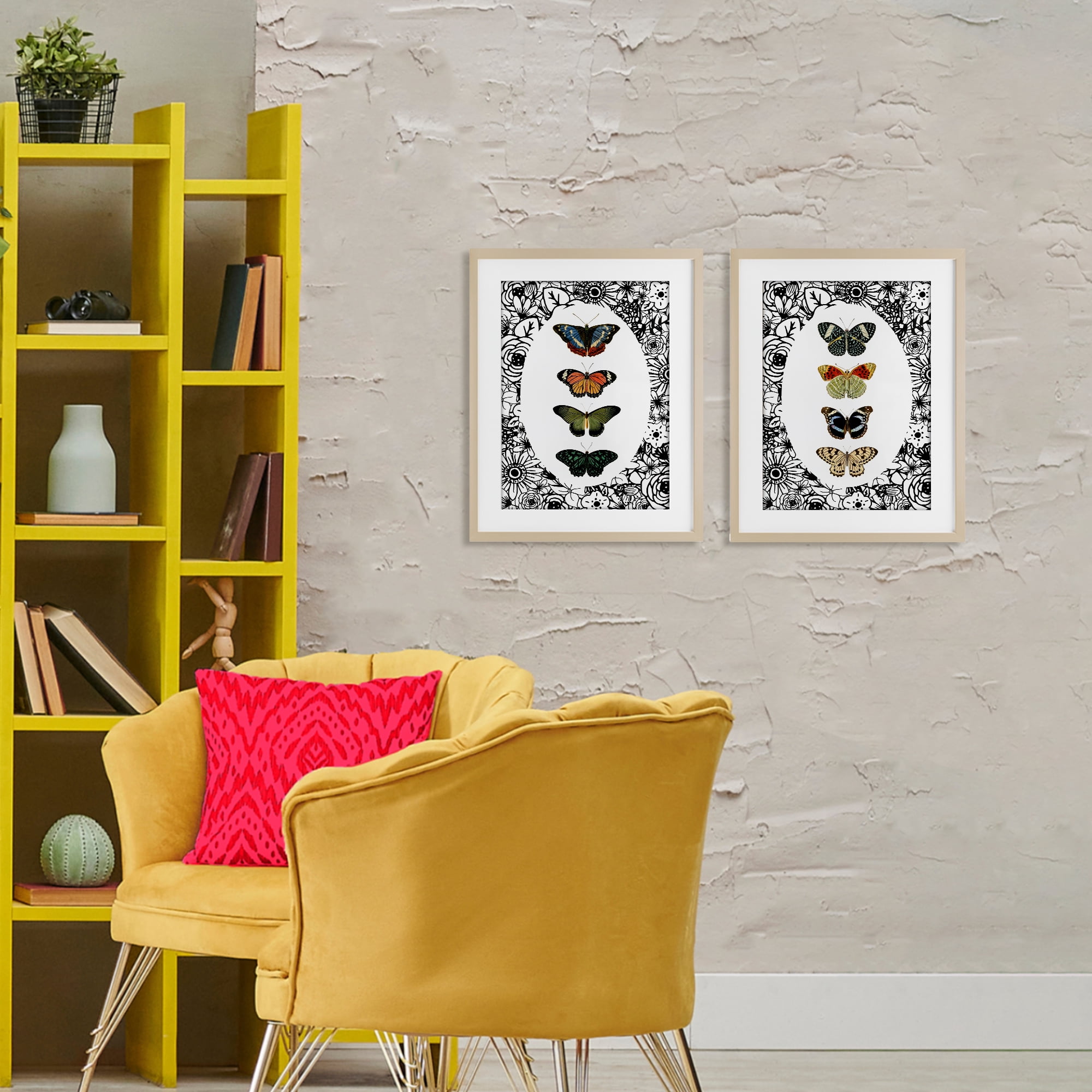 Stupell Industries Floral Butterflies Lineup 2 Piece Birch Framed Print Under Glass Set, design by Dan Meneely
