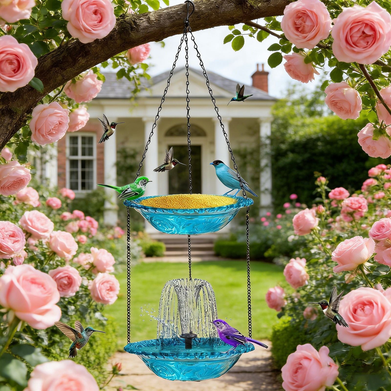 Hanging Solar Bird Bath Fountain, Solar Powered Cascading Outdoor Water Fountain, Hanging Bird Bath with Water for Outdoors Garden Patio Backyard Lawn Decor