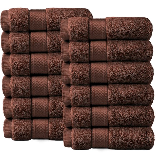 Canadian Linen 12 Pack Luxury Everest Washcloths12”x12”, 100% Soft Absorbent Premium Cotton Face Cloths, Lightweight Fast Dry Face Towel Set for Home, Bathroom, Hotel, Spa Salon, Gym, Pool, Dark Brown