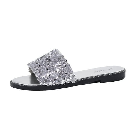 

EETTARO Women s Glitter Shiny Slide Sandals Sparkle Fancy Flat Slippers Slip-on Jeweled Shoes