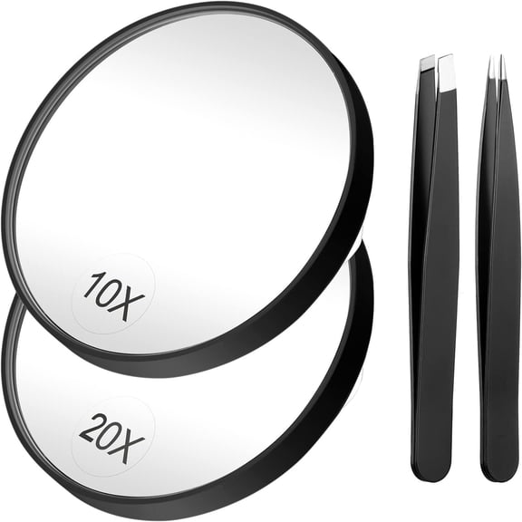 Magnifying Mirror and Tweezers Kit, Siloon 10X and 20X Magnifying Makeup Mirrors with 2 Suction Cups, Portable Magnifier Travel Set for Eyebrow Tweezing, Blackhead Blemish Removal, 3.5 Inch (Mirror)