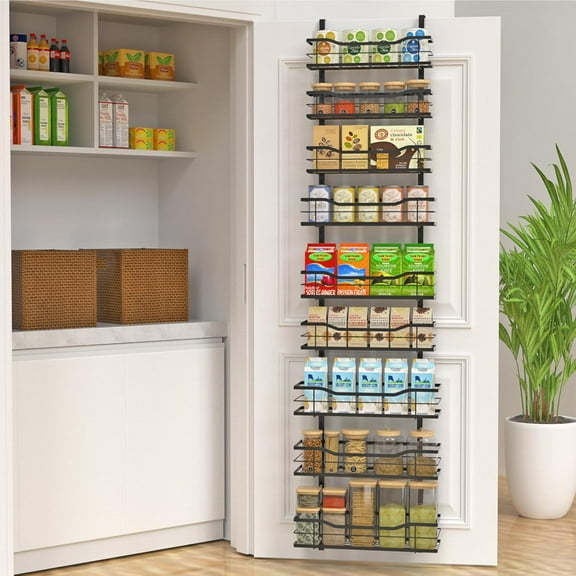 Over The Door Pantry Organizer - 9-Tier Adjustable Storage Shelves with Baskets, Spice Rack for Kitchen, Bathroom, Laundry & Seasoning Organization