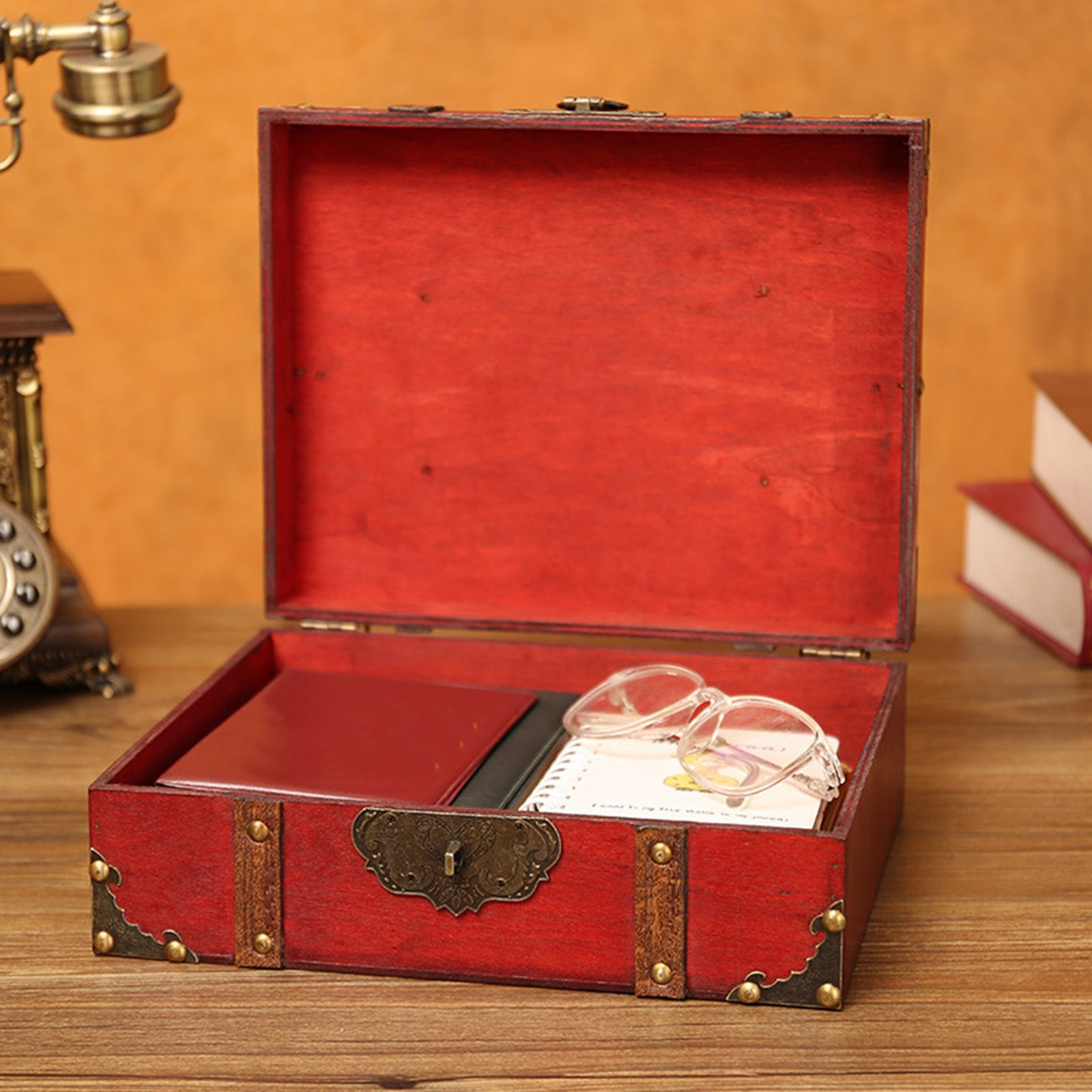 Multipurpose Wooden Storage Box with Retro Hardware for Organizing Cards Photos Jewelry and Collectibles