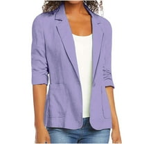 Bxsruta Jacket for Women, Cropped 3/4 Sleeve Open Front Blazer, Women's Linen-Like Work Jacket with Lapel Collar, Lightweight Overshirt