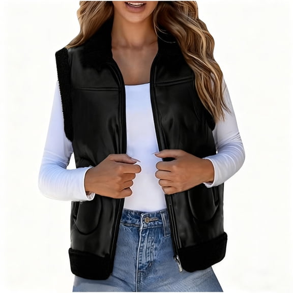 Pounoo Womens Leather Cropped Puffer Vest Winter Faux Leather Zip Up Sleeveless Jacket Winter Warm Thick Sleeveless Waistcoat Gift