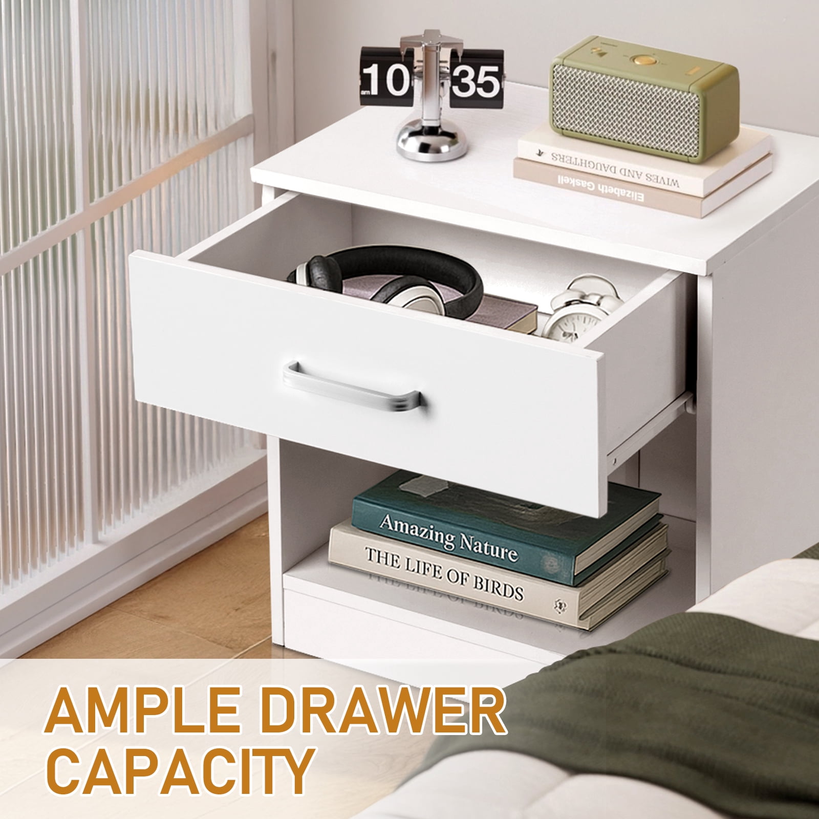 Zimtown White Set Of 2 Wood Elegant Night Stand W/1 Drawer Storage Beside End Table
