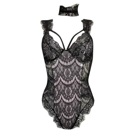 

nsendm Ladies Lingerie Sling Home Pajamas Lace Jacquard Collar Jumpsuit Set Lingerie with Push up Bra Underwear White Small