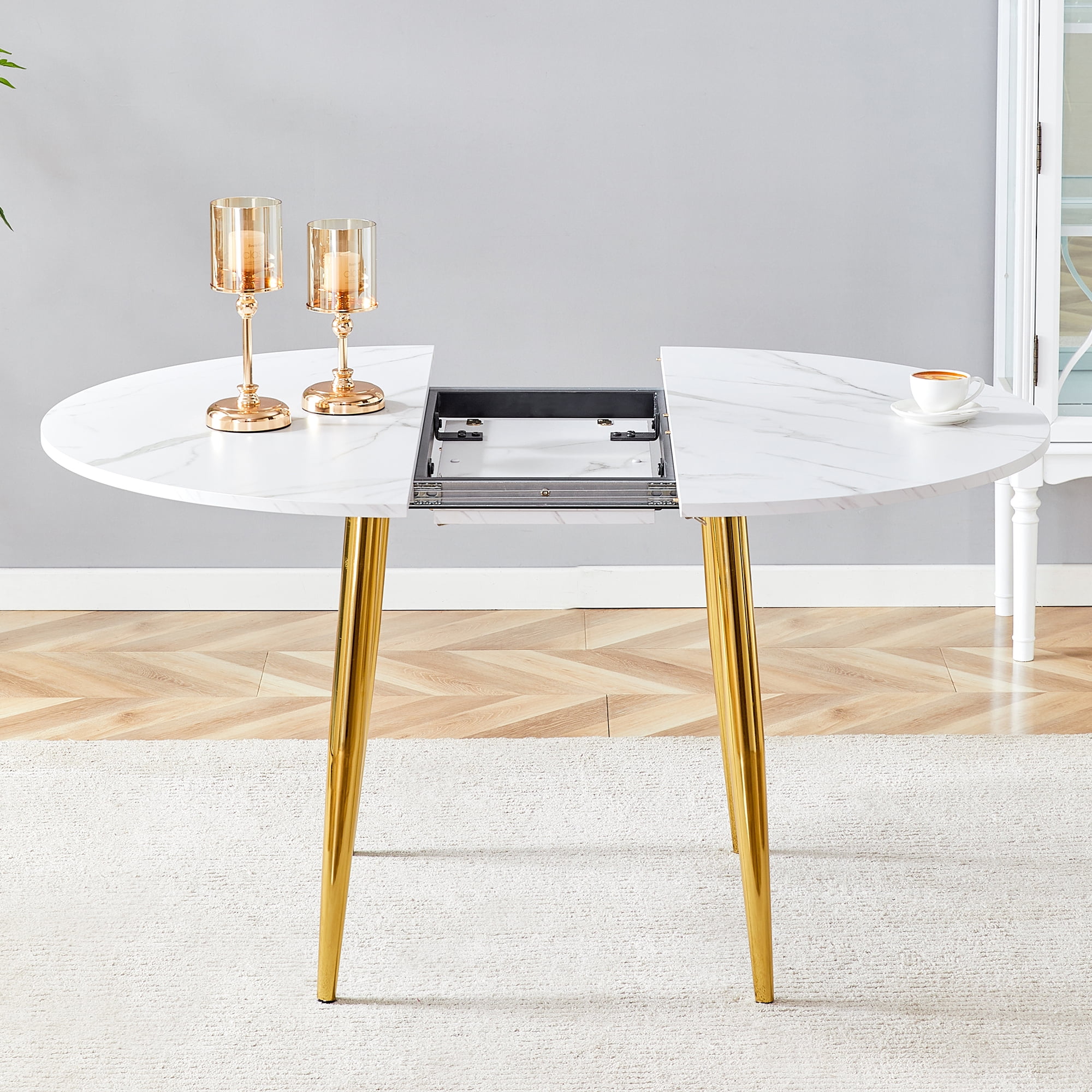 Mintazer Extendable Round to Oval Dining Table with White Marble Vein MDF Top & Gold Metal Legs, Modern Kitchen Table for 4-6 People, White
