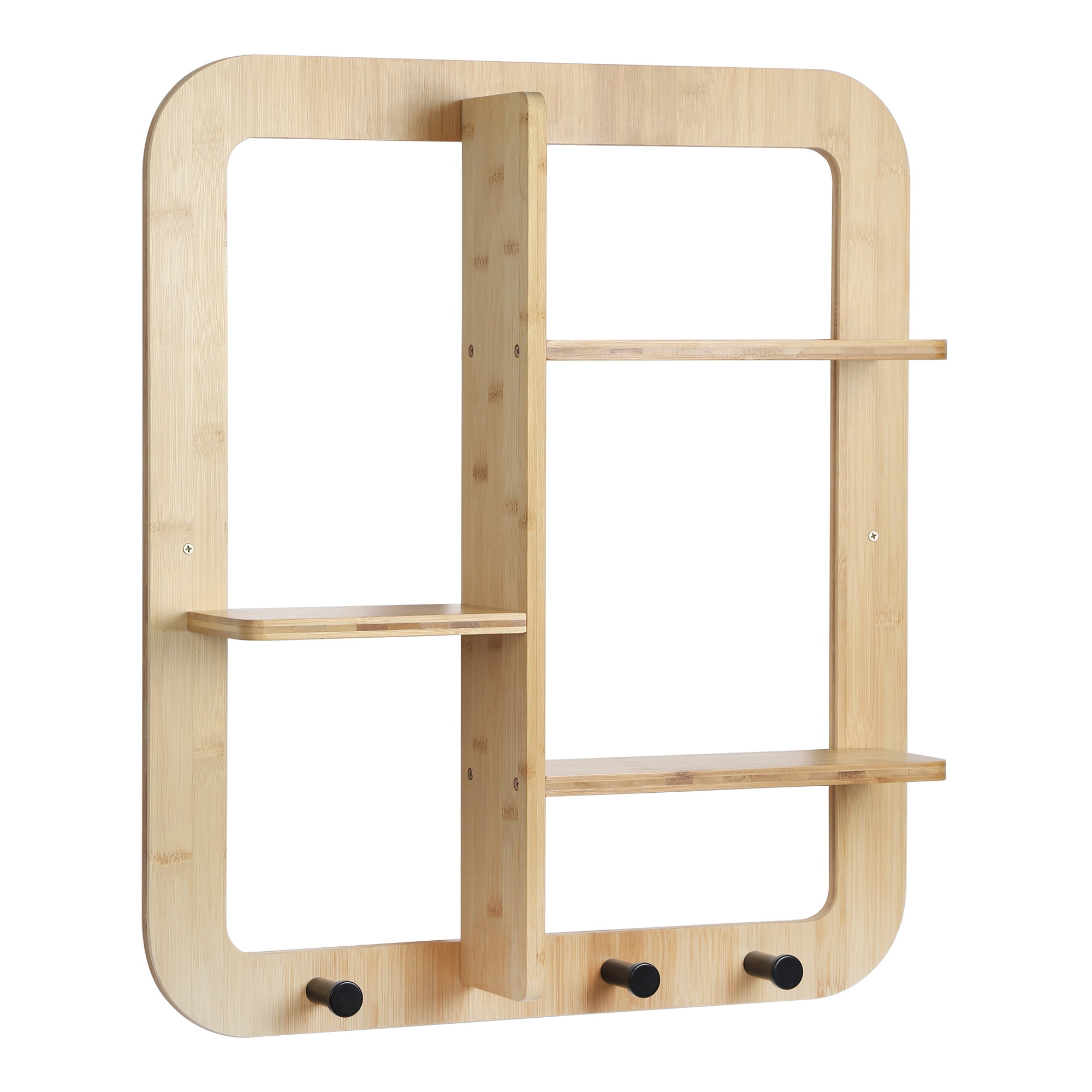 Proman Products Fiji Wall Mounted Bamboo Floating Shelves, Book Shelves, Storage shelves Organizer with Hooks Clothes Hat Bag for Living Room, Bathroom, EntryWay (Natural)