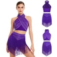thumbnail image 3 of iiniim Women's Cha Cha Latin Salsa Dance Outfits Sleeveless Ruched Crop Top with Fringe Swing  Skirt Purple S, 3 of 7