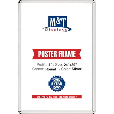 M&T Displays Snap Poster Frame 24x30 Inch Silver 1" Aluminum Profile Front Loading Wall Mounting Photo Picture Document Certificate Sign Holder Round Corner Anti Glare Cover