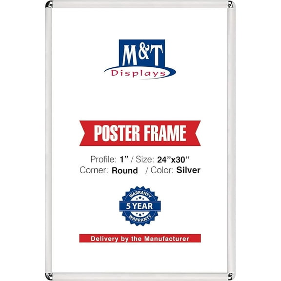 M&T Displays Snap Poster Frame 24x30 Inch Silver 1" Aluminum Profile Front Loading Wall Mounting Photo Picture Document Certificate Sign Holder Round Corner Anti Glare Cover