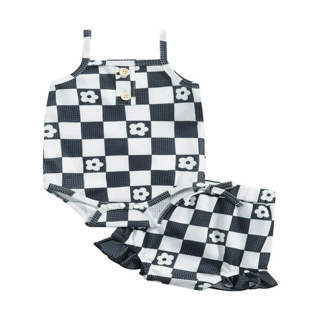 Infant Baby Girl Summer Clothes Set Checkerboard Plaid Floral Print Sleeveless Romper+Ruffle Shorts Outfit