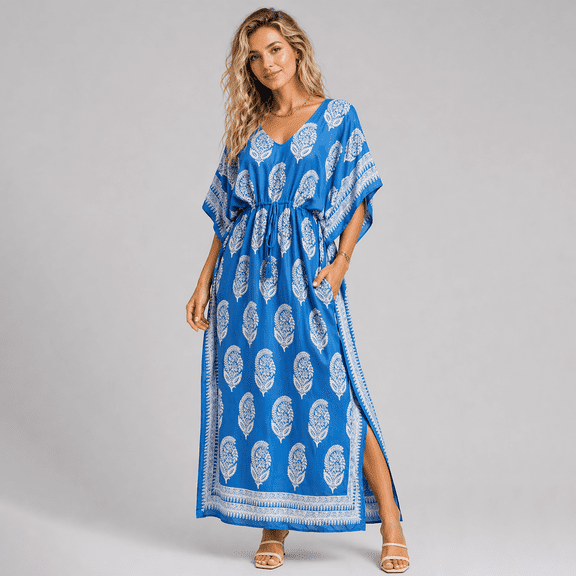 Miss Lavish London Floral Plus Size Kaftan Dresses for Women– Beach Swimsuit Cover Up Batwing Sleeve Mumu Sundresses 2025 Vacation - African Kaftans Long Moroccan Caftan Dress -Blue-White, 2XL