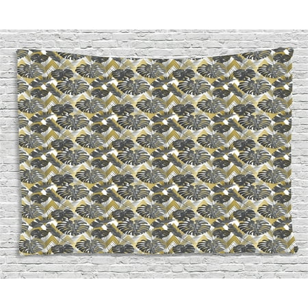 Aloha 40 Inches Home Decor - Monstera Leaf Tapestry, Botanical Aloha Pattern with Modern Design on a Geometric Pattern, Wall Hanging for Bedroom Living Room Dorm Decor, 60W X 40L Inches, Black White Pale Gold, by Ambesonne