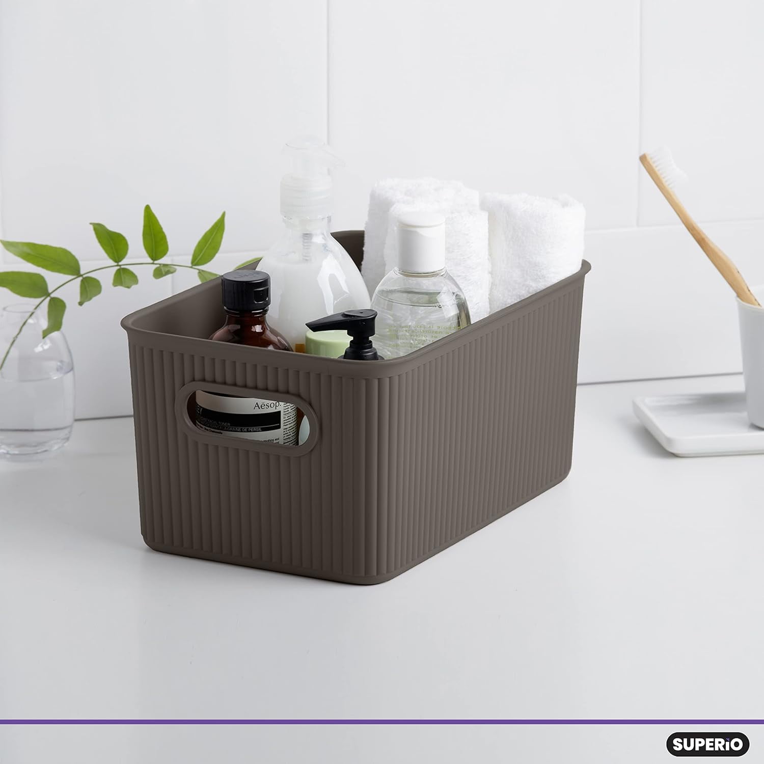 Superio 5L Small Brown Ribbed Storage Bin with Lid, Plastic Storage Basket