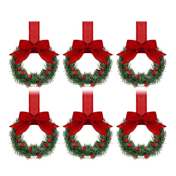 Set of 6 Mini Christmas Wreaths with Red Bows and Berries, Festive Decor for Windows, Doors and Holiday Season Decorations - A