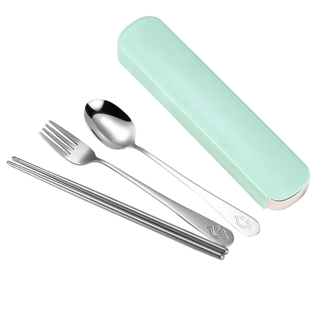 Bearachild Juego de cucharas y palillos portátiles, 2 uds., oficina de estudiantes de acero inoxidable con caja de almacenamiento Mostrada Dreiteiliger Anzug in Smiley-Grün