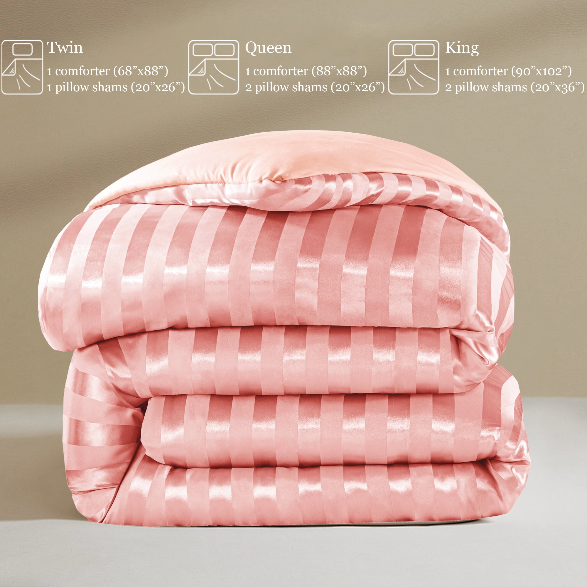 Whale Flotilla 3-Piece Luxury Stripe Satin Queen Size Comforter Set, Reversible Silky Soft Bedding Set with 2 Pillowcases, Lightweight All-Season Comforter, Pink