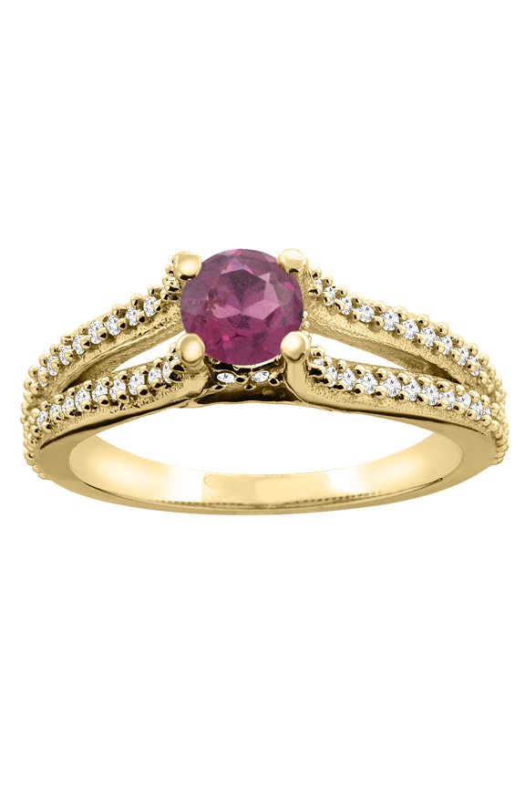 14K Yellow Gold Natural Rhodolite Engagement Split Shank Ring Round 5mm Diamond Accents, size 5