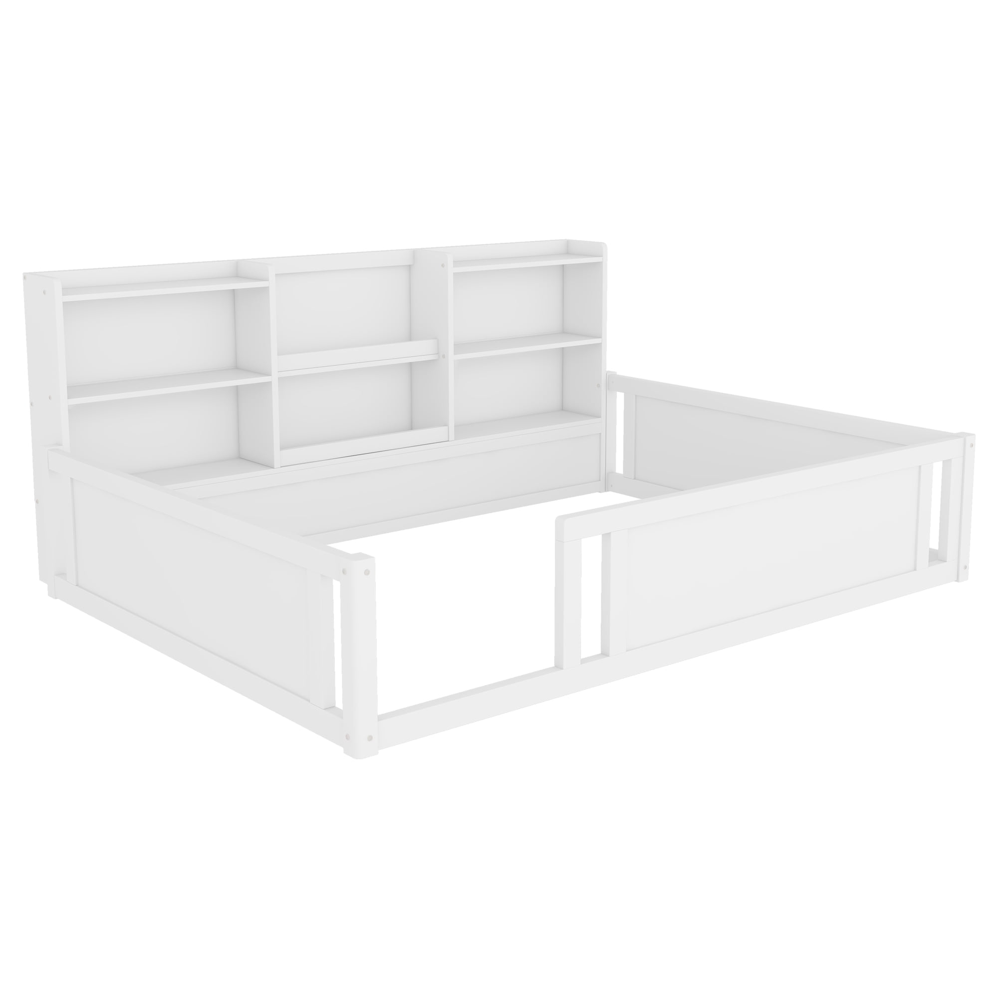 Mintazer Full Size Montessori Floor Bed with Bookcase Headboard & Guardrails, Kids Platform Bed Frame with 6 Cubby Storage Shelves for Bedroom, White