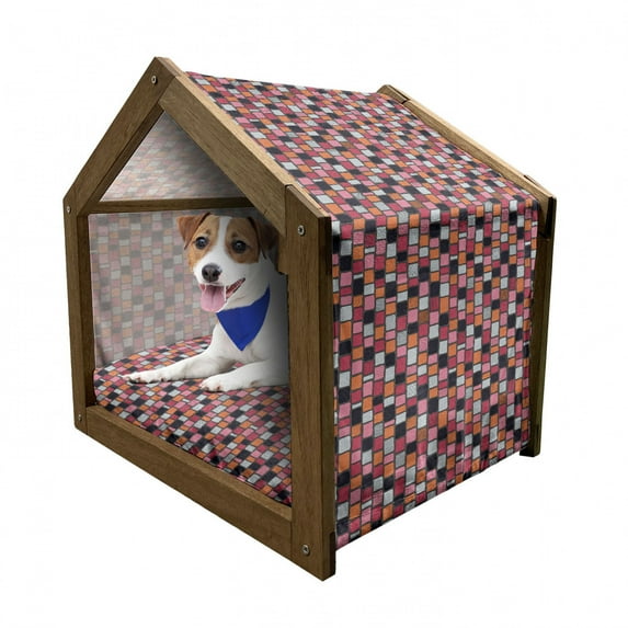 Cobblestone Pet House, Patchwork Style Tribal Bricks of Polka Dot Stripes and Zigzag Pattern Squares, Outdoor & Indoor Portable Dog Kennel with Pillow and Cover, 5 Sizes, Multicolor, by Ambesonne