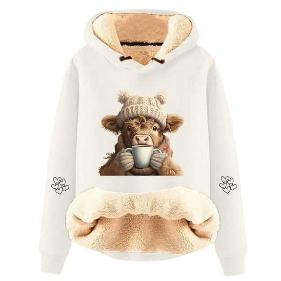 XIAONU Cute Cow Print Lined Hoodie Women's Casual Fashion Long Sleeve Pullover Sweatshirt for Winter Warmth and Comfort