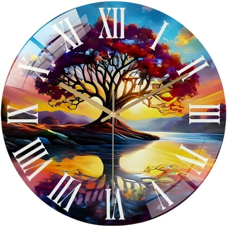 Round Glass Wall Clock, Tree of Life Wall Clock, Unique Colorful Clock, Sunset Tree Clock, Tempered Glass Wall Clock, Gift Wall Clock, Nature Art Clock,Gift for Her Style 12Ă12in
