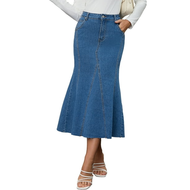FALDA MAXI DE DENIM PARA MUJERES INSPIRE CHIC, CINTURA ALTA, AJUSTE CASUAL Y ACAMPANADA, FALDA LARGA DE JEAN M AZUL