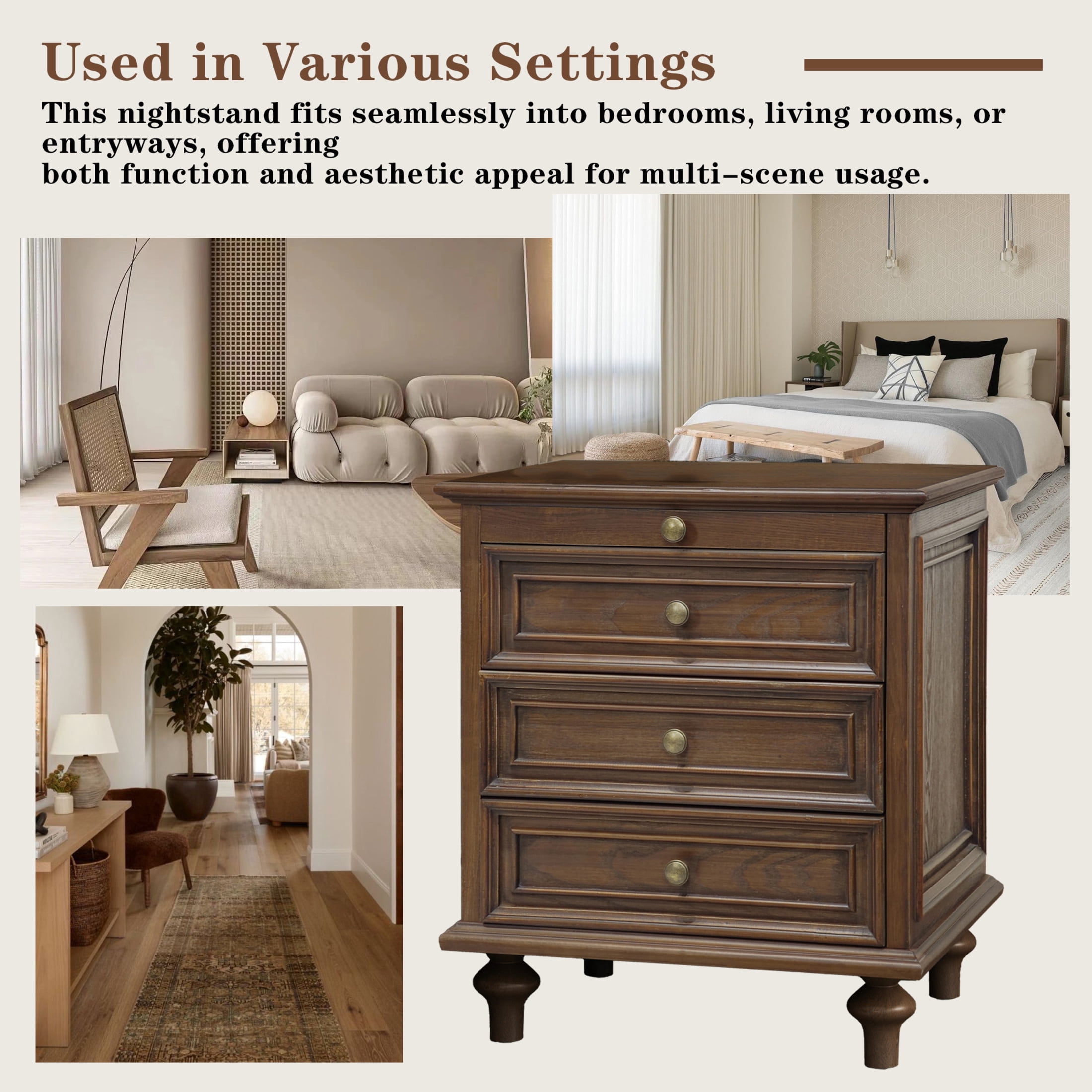 GDF Studio Farmhouse Nightstand with 3 Drawers & Pull-Out Tray, Solid Wood Legs, Walnut Brown