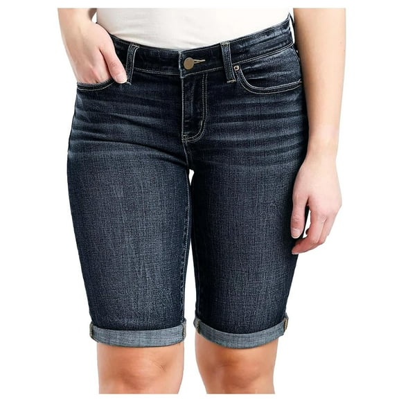 TTUHYWXI Womens Mid Rise Roll Bermuda Stretch Denim Jean Shorts Stretchy Knee Length Jean Shorts (Black, L)