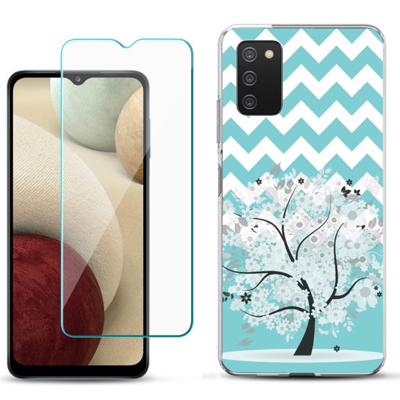 Slim-Fit TPU Phone Case Compatible with Samsung Galaxy A02s, with Tempered Glass Screen Protector, by OneToughShield ® - Chevron/Teal/Tree